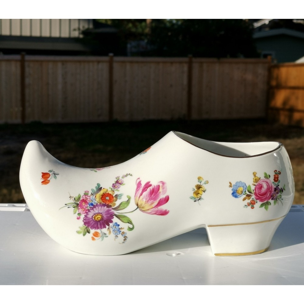 Vintage Dresden high heel shoe white porcelain multicolor, Length 10"in.